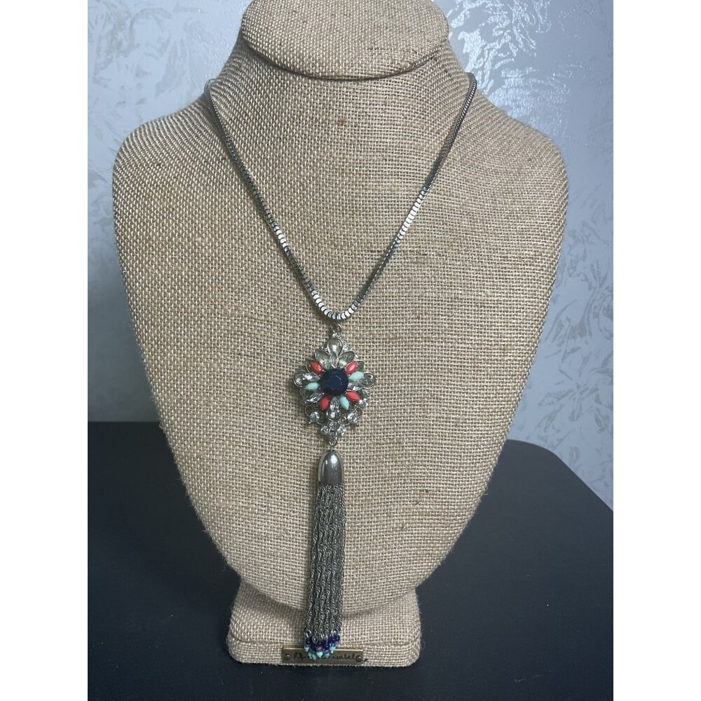 Vintage Silver Chain Necklace With Colorful Floral Pendant & Tassel